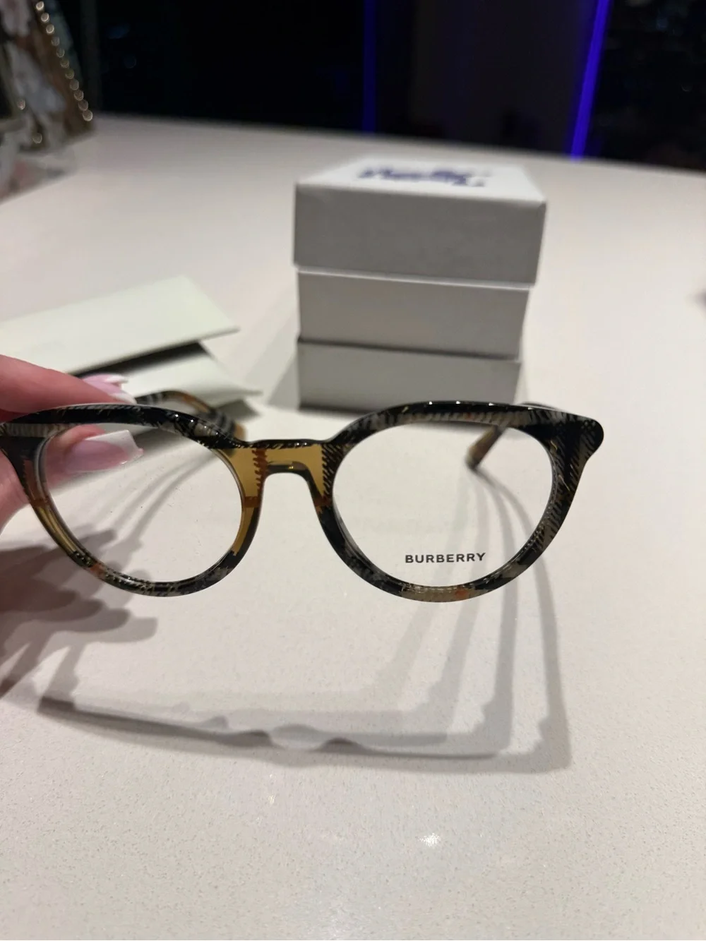 Burberry Plaid Round Women’s Glasses in Tan and Black